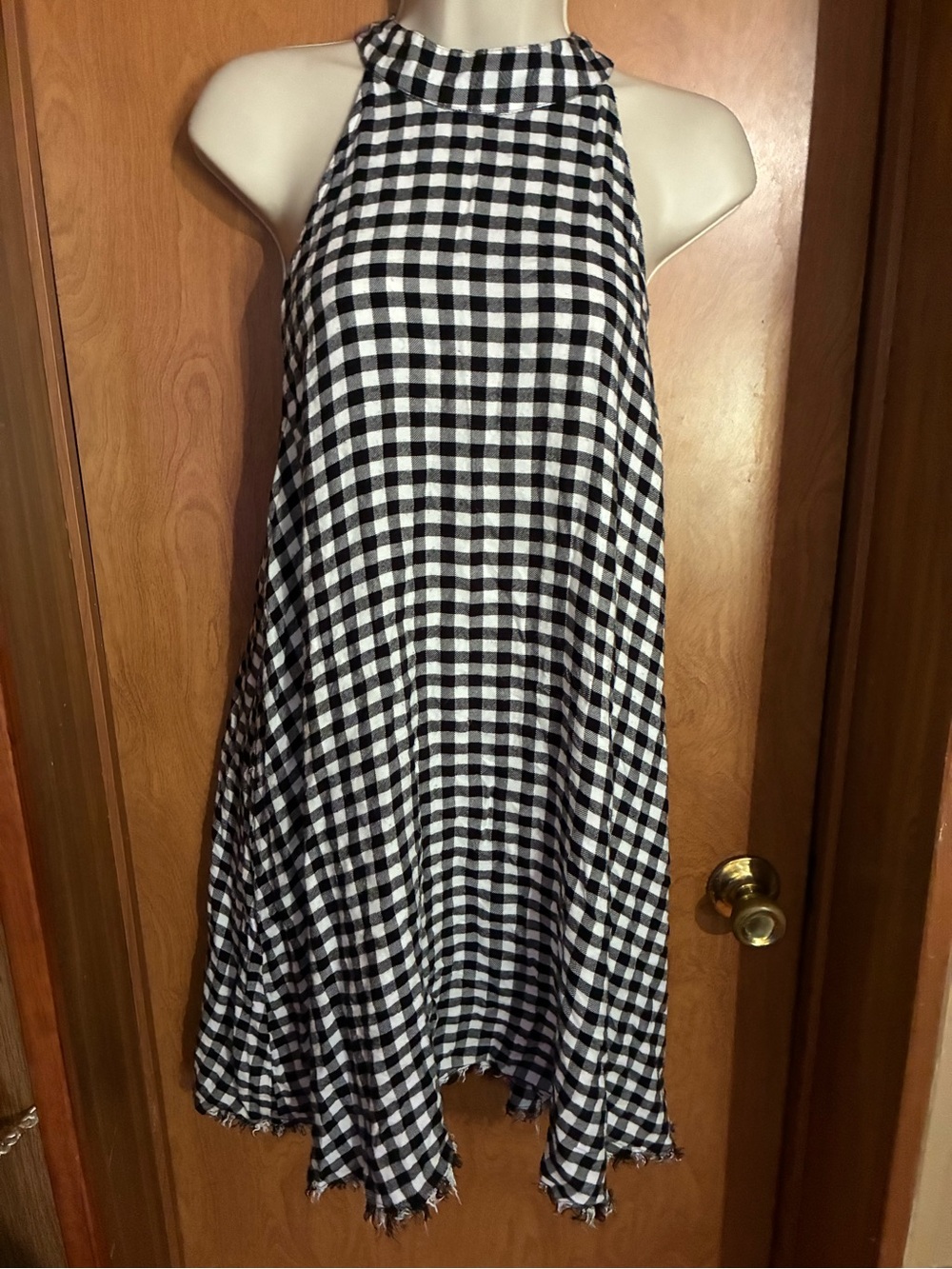 Mudpie Large Black and White Gingham Halter Dress Frayed Hem Large